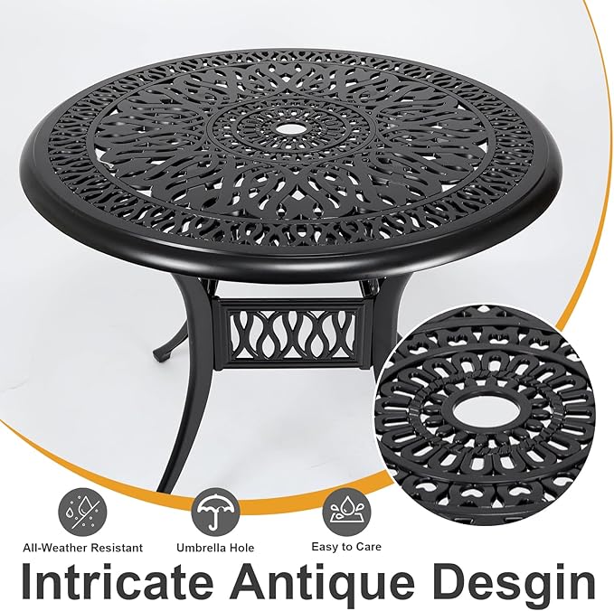 35" Outdoor Patio Table Cast Aluminum Dining Table,All Weather Metal Bistro Round Table with 2.4" Umbrella Hole for Garden,Backyard,Porch,Balcony,Black