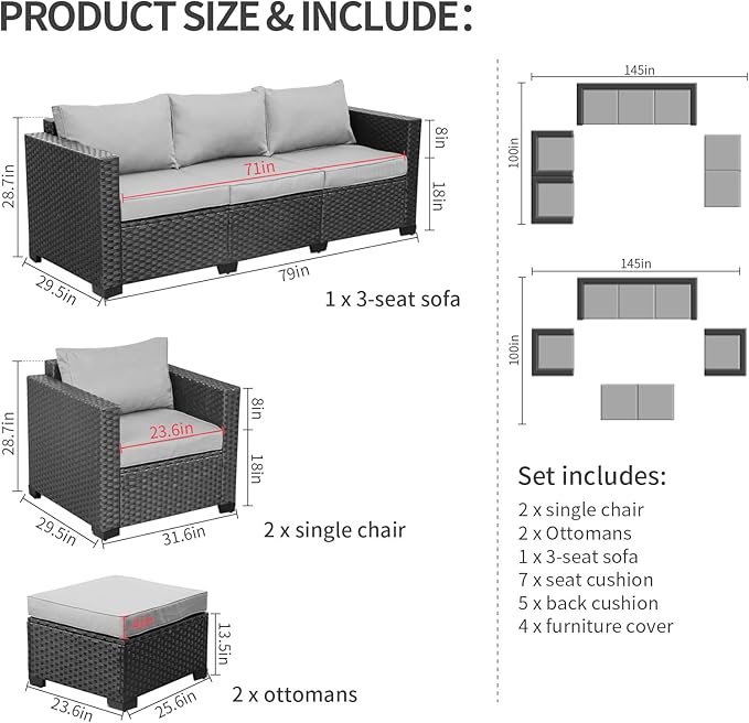 Rattaner Outdoor Wicker Furniture Couch Set 5 Pieces Patio Furniture Sectional Sofa with Grey No-Slip Cushions and Waterproof Covers