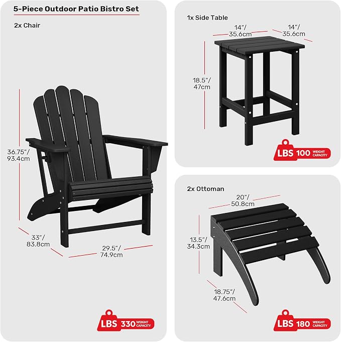 Costaelm Lakeview 5-Piece Adirondack Chair with Folding Ottoman and Table Set, Black