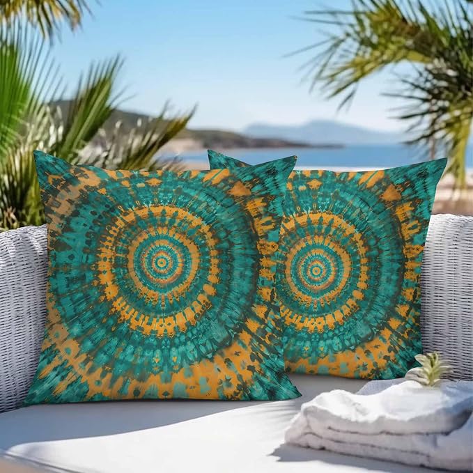Vandarllin Outdoor Throw Pillows Covers 18x18 inch Set of 2 Waterproof Turquoise Yellow Tie-Dye Art Decorative Zippered Cushion Covers for Patio Furniture, Abstract Boho Tribe Lumbar Pillowcases