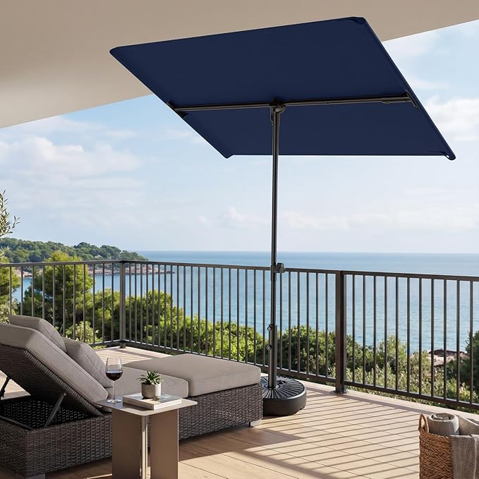 HOMSHADE 6x4ft Outdoor Balcony Umbrella - Flat Porch Pool Patio Umbrella Rectangular Canopy Shade UPF50+ UV Protection 360° Rotating & Tilting All Angles Applicable (Navy Blue, No Base)