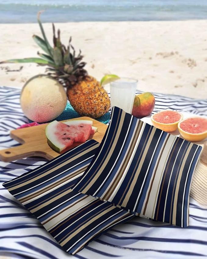 Outdoor Waterproof Pillow Covers for Patio Simple Stripe Decorative Throw Pillow Cover Blue And Brown Geometric Pattern Pillowcases Set of 2 Cushion Case for Sofa Couch Chair Home Decor 26x26 inch