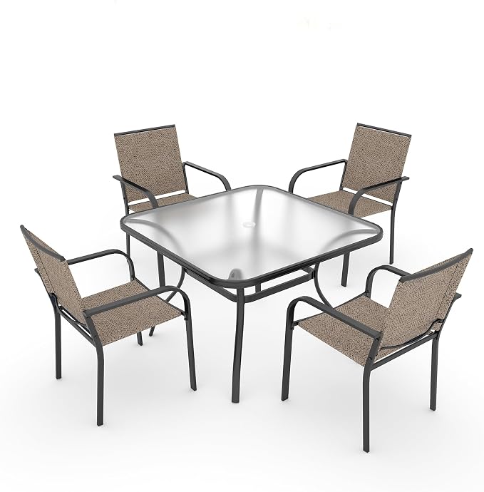 Anmutig 5-Piece Outdoor Patio Dining Set 37-Inch Square Glass Table with 4 Stackable Chairs for Lawn Backyard and Deck, Beige Grey
