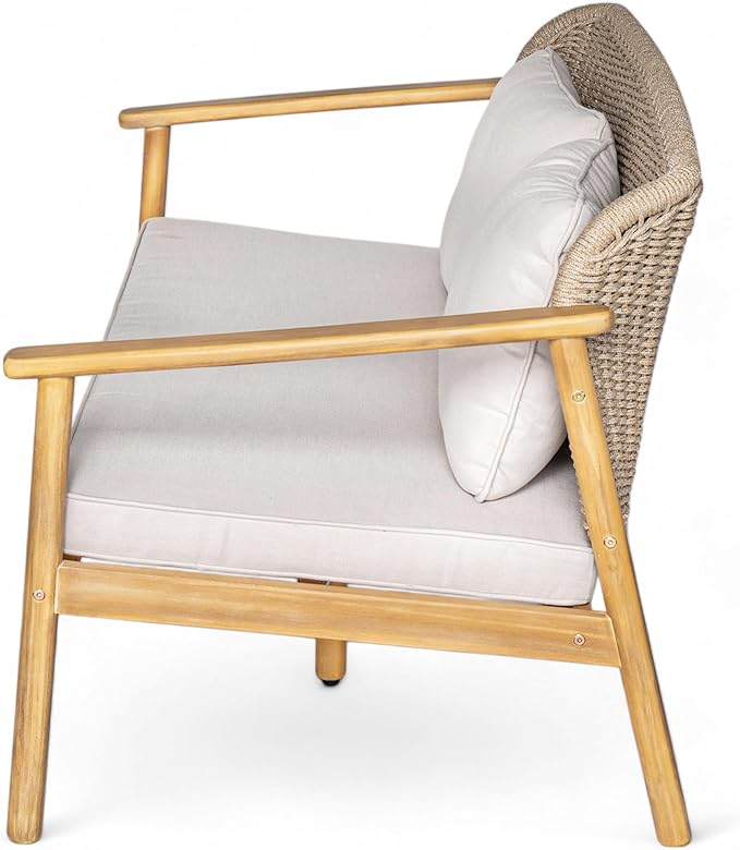 Christopher Knight Home Landon 2 Pieces Patio Conversation Set, Acacia Wood Loveseat and Coffee Table, Woven Rope Couch, Slat Wood Accent Table, Sofa and Table Set for Garden Balcony Yard, Teak+Beige