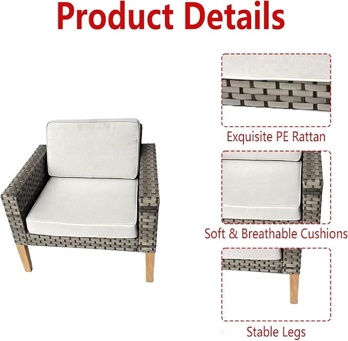 DECMICO 3 Piece Rattan Conversation Bistro Set, Outdoor Wicker Patio Furniture Set, All-Weather PE Rattan Chairs with Cushions for Backyard, Balcony, Garden, Beige