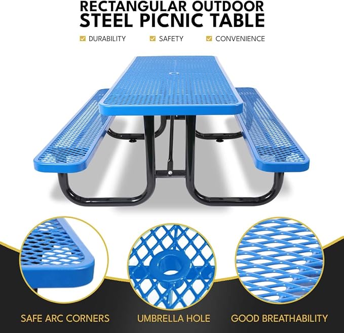6 ft Outdoor Picnic Table with Umbrella Hole, Heavy-Duty Steel Frame, Rectangular Weather-Resistant Dining Table for Backyard, Patio & Garden, Blue