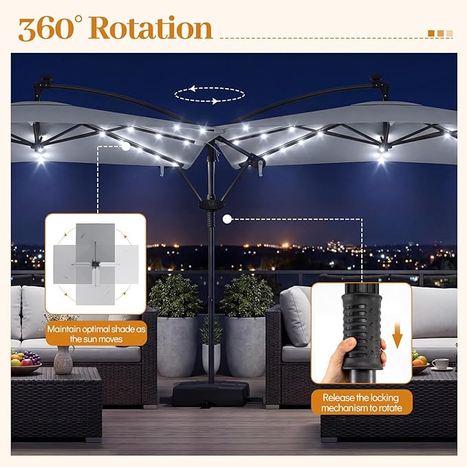 Tangkula 8x8 FT Solar Patio Umbrella with Base Included, Square Offset Cantilever Outdoor Umbrella with 360 Degree Rotation, 32 LED Lights, Crank Handle, 2 Sandbags, 8 Ribs, Air Vent for Pool Deck Garden Backyard