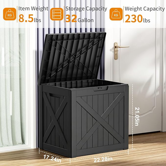 32 Gallon Deck Box, Waterproof Outdoor Storage Boxes For Garden Tools,Indoor Cushions,Accessories Outside Storage Resin Lockable Weatherproof Container(Black)