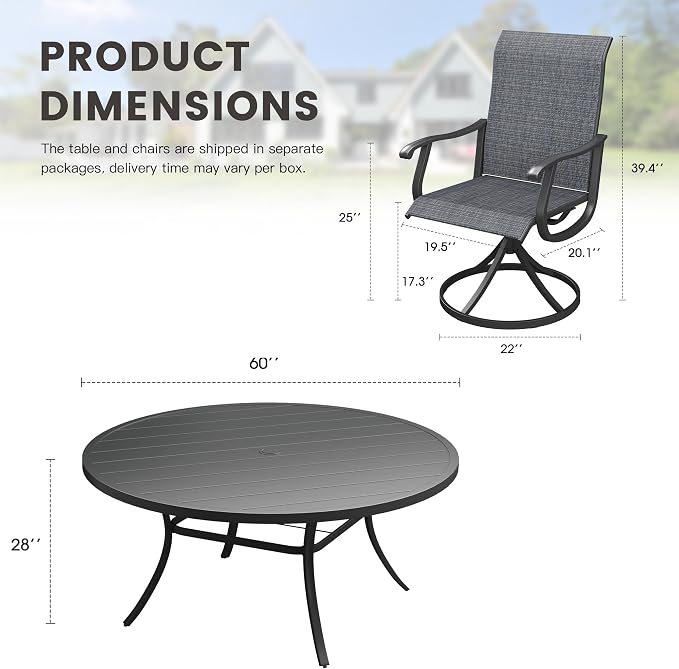 Outdoor Dining Set for 8, 60" Metal Round Outdoor Dining Table with Umbrella Hole and Sling Patio Swivel Chairs, 9 Pieces Patio Table and Chairs Set for Garden Backyard, Charcoal and Black