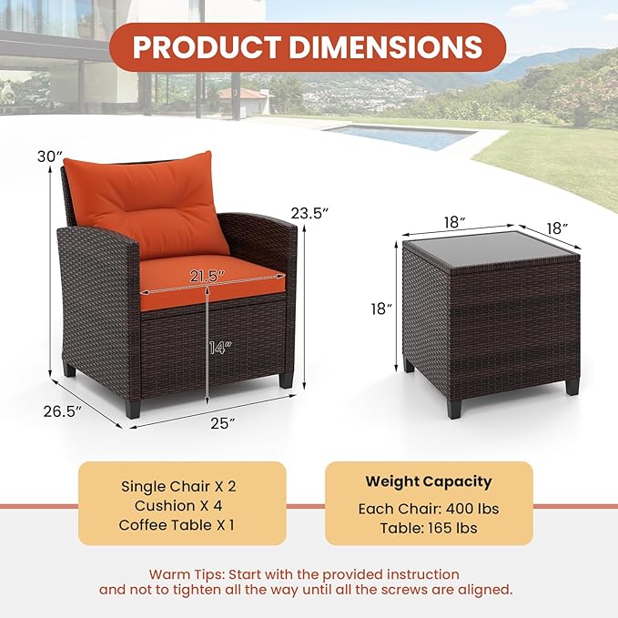 Tangkula 3 Pieces Patio Furniture Set, PE Rattan Wicker 3 Pcs Outdoor Sofa Set w/Washable Cushion and Tempered Glass Tabletop, Conversation Furniture for Garden Poolside Balcony (Orange)