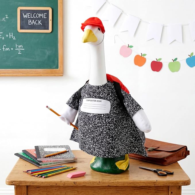 Back to School Porch Goose Outfit First Day of School Composition Notebook Goose Clothes Dress with Red Hat Backpack Pencil Geese Costume for 17-23 Inch Geese Statue Lawn Outdoor Patio Decor