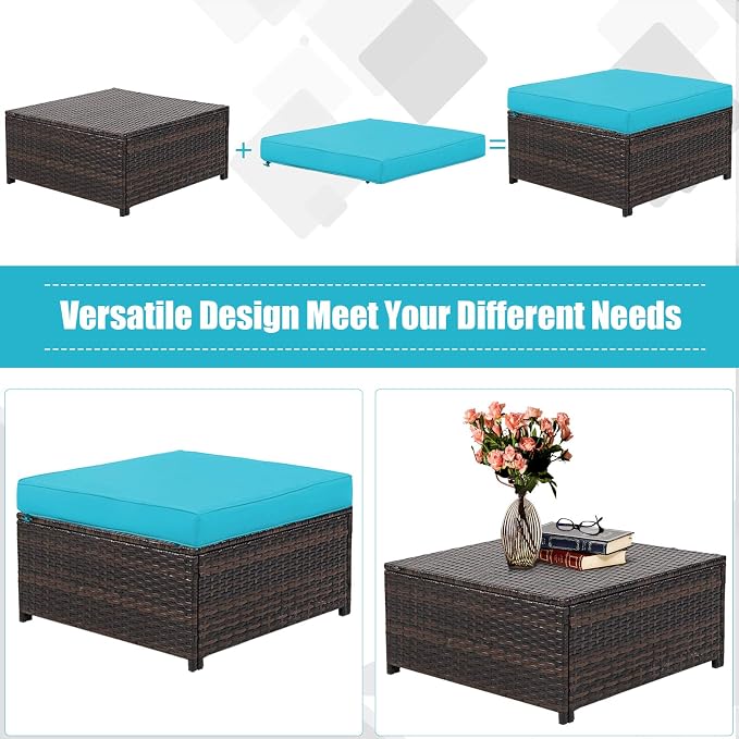 Tangkula 5 Pieces Patio Wicker Furniture Set, Outdoor Rattan Sofa Set with Loveseat, 2 Single Sofas, 2 Ottomans & Removable Cushions, Sectional Daybed Sofa Set for Yard, Garden, Poolside, Turquoise