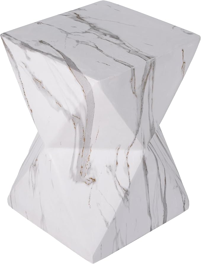 Outdoor Side Table Faux Marble Square Side Table Hourglass End Tables Small Coffee Tables for Patio Garden Stool for Porch, Backyard Balcony,12.2",Weather Resistant, White & Grey