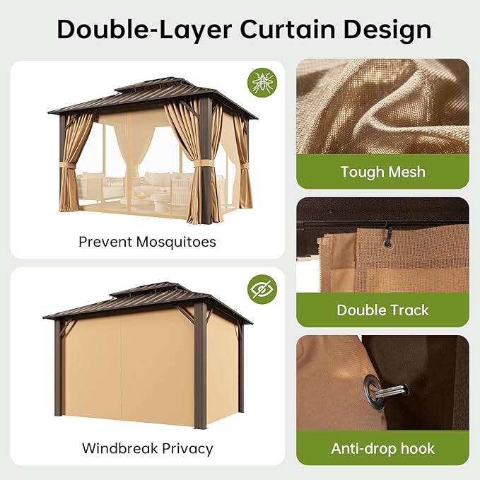 10x12FT Hardtop Gazebo, Metal Frame with Double Galvanized Steel Roof, Permanent Outdoor Pergola with Curtains and Netting Included for Backyard, Patio, Lawn and Garden, Brown
