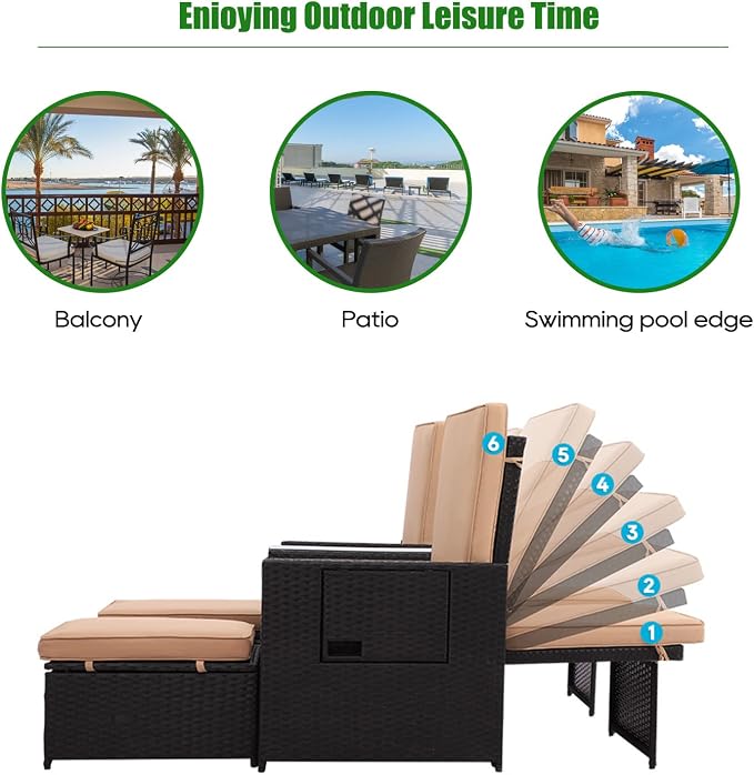 Patio Wicker Loveseat - Outdoor Rattan Sofa Set with Cushion - Adjustable Lounge Chair with Ottoman Footrest, Wicker Furniture for Garden, Patio, Balcony, Beach, Coffee Bar, Deck