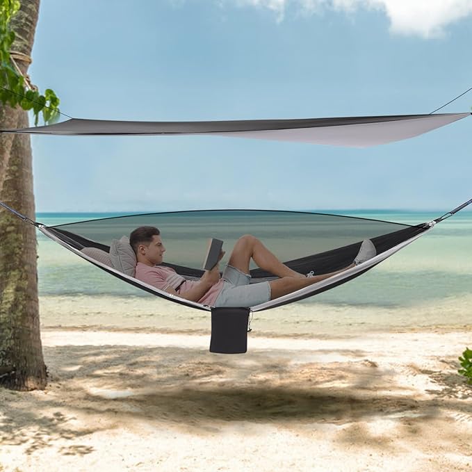 9.5x4.5ft Camping Hammock, Portable Outdoor Hammock Tent with Mosquito Net and Rain Fly Tarp, Backpacking Hammock for Hiking, Outside, Patio, Travel (Black and Grey)