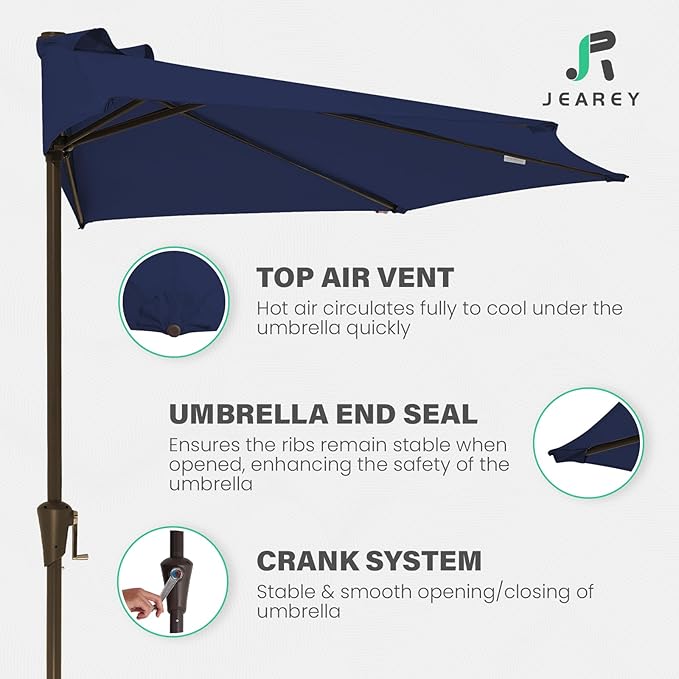 JEAREY 9ft Half Umbrella Outdoor Patio Umbrella Market Umbrellas with Crank, 1/2 Round Wall Umbrella 5 Sturdy Ribs UV Protection for Pool Garden Balcony Deck, Navy