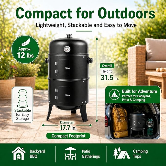 16 Inch Charcoal Smoker for Meat, Vertical Smoker Grill, Small Smoker for Backyard, Patio and Camping | 4-in-1 BBQ Smoker with Built-In Thermometer, Adjustable Air Vent, 2 Cooking Racks