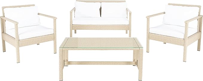 Safavieh Outdoor Collection Garnen Beige Wicker Cushion 4-Piece Living Set PAT7714B, Grey/White