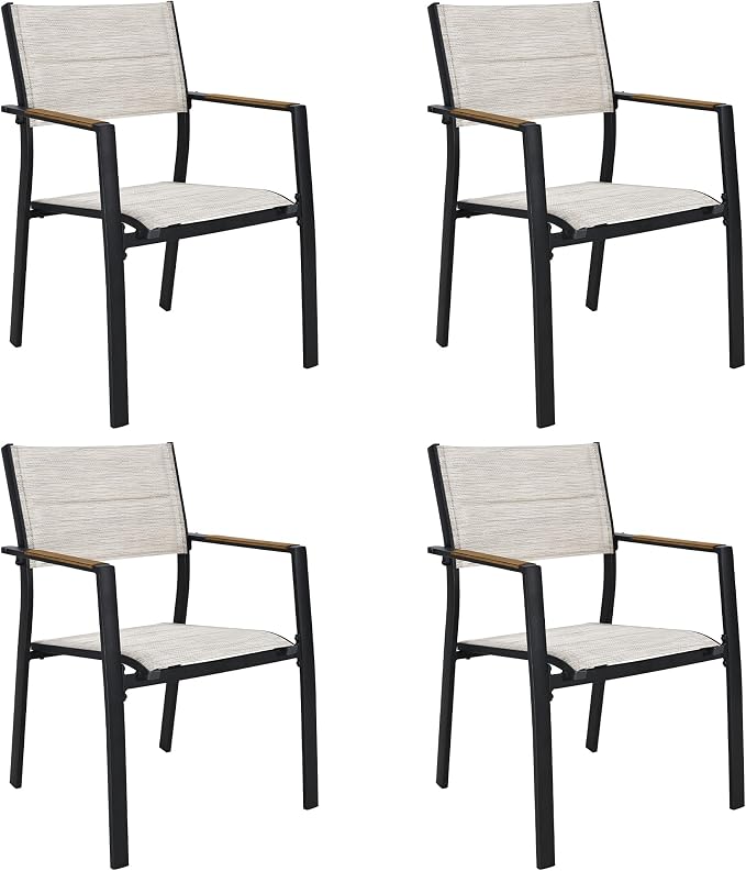 Outdoor Patio Dining Chairs Set of 4, Light Weight Aluminum Frame with Textilene Fabric & Wood-like Armrest, 275 LBS Capacity, Outdoor Stackable Chairs for Poolside Lawn Garden, Brown Armrest