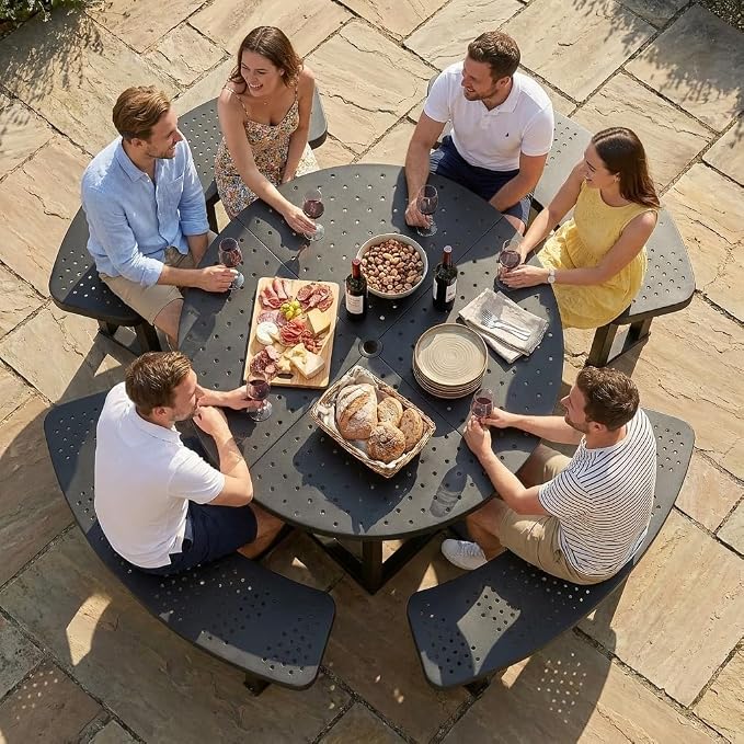 DWVO 38" Round Metal Picnic Table with Umbrella Hole - Heavy Duty Q235 Carbon Steel Outdoor Table Set for Patio, Backyard, and Lawn - Industrial Steel Construction