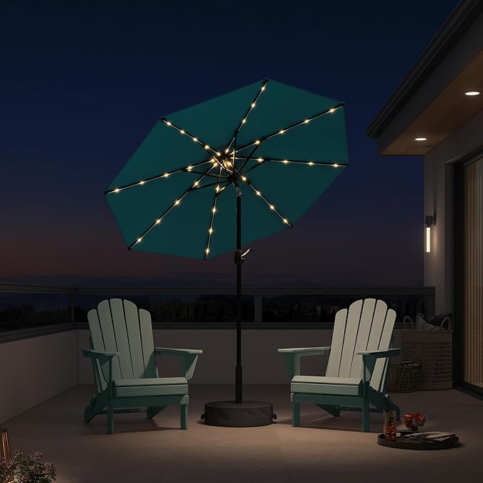 PURPLE LEAF 7.5' Round Patio Umbrella with Solar LED Outdoor Table Umbrella Aluminum Frame Market Umbrella with 8 Sturdy Ribs & Tilt for Garden Deck Lawn Pool Turquoise Blue