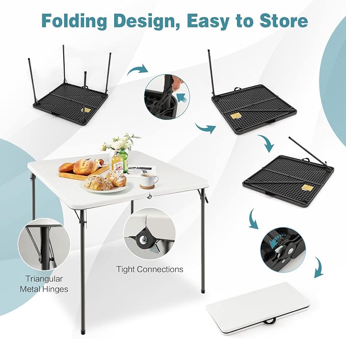 Giantex Portable Folding Table, Foldable Picnic Table with All-Weather HDPE Tabletop, Metal Frame & Carry Straps, Heavy Duty Outdoor Camping Table, Lightweight Card Table for Beach, BBQ, Party (White)