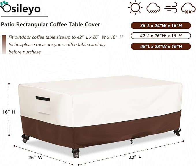 Outdoor Patio Coffee Table Cover, Waterproof Rectangular Patio Side Table Cover,Patio Furniture Covers,42 x 26 x 16 inch,Beige & Brown
