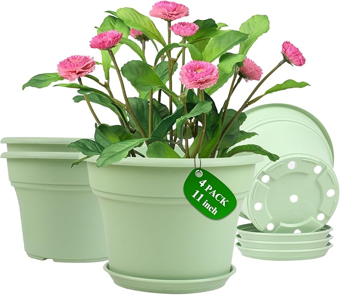 Pottiffe 11 Inch Plastic-Flower-Pot-for-Indoor-Plants, 4 Pack Large Outdoor Planter Pot with Drainage Holes & Saucers, Resin Decorative Garden Pots Planters