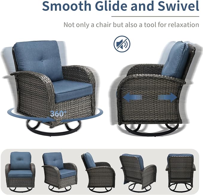 3 Piece Outdoor Swivel Rocker Patio Chairs, All-Weather Rattan Chair, Wicker Glider Patio Furniture Set with Side Table, for Garden, Backyard, Deck, Gray Rattan & Blue Cushions
