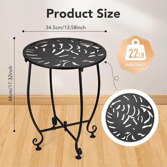 2 Pack Small Outdoor Side Tables for Patio, 14 Inch Metal Patio Side Table, Weather Resistant Steel Outdoor Round End Table for Patio Porch Garden Yard Balcony, Black (Turtle Leaf)