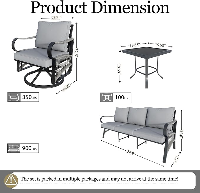 4 Pieces Outdoor Furniture Set, Patio Conversation Set with Swivel Rocking Chairs Sets and 3-Seater Couch Sofa for Deck, Porch, Garden, Backyard, Poolside (Gray Cushions)