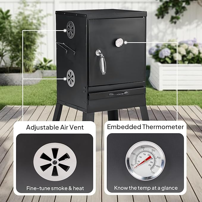 ROVSUN 2-in-1 Outdoor Smoker with Door, Vertical Portable Charcoal Grill with Two Detachable Grill Smoking Racks and Charcoal Pan, Perfect for Camping Barbecue, Small Families, Black