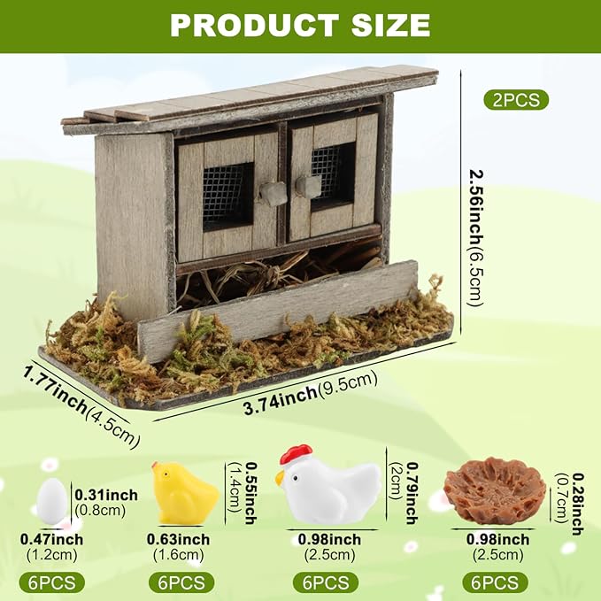Fairy Garden Mini Chicken Coop Decor, 26-Piece Farm Scene Set | Includes 1 wood coop 3 hens 3 chicks 3 eggs 3 nests, doors open and close, store pieces together to avoid loss