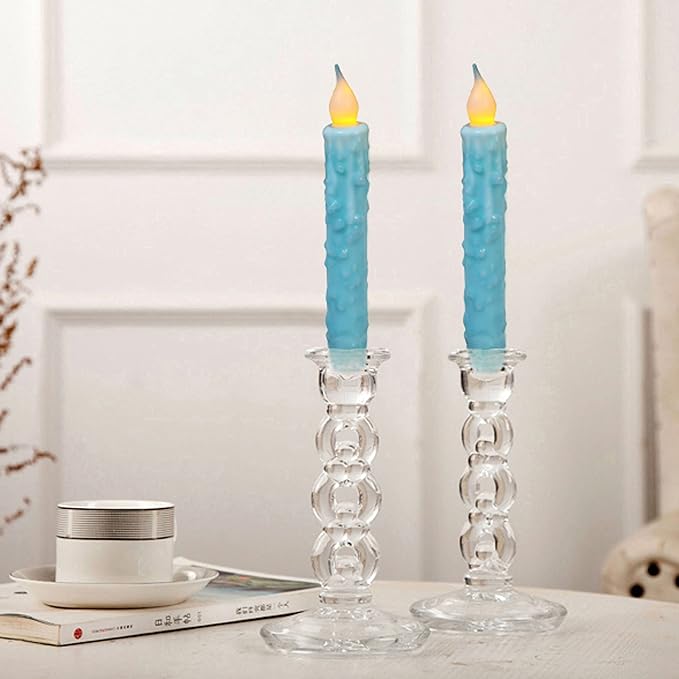 CVHOMEDECO. Real Wax Hand Dipped Battery Operated LED Timer Taper Candles Rustic Primitive Flameless Lights Decor, 6-3/4 Inch, Teal, 6 PCS in a Package