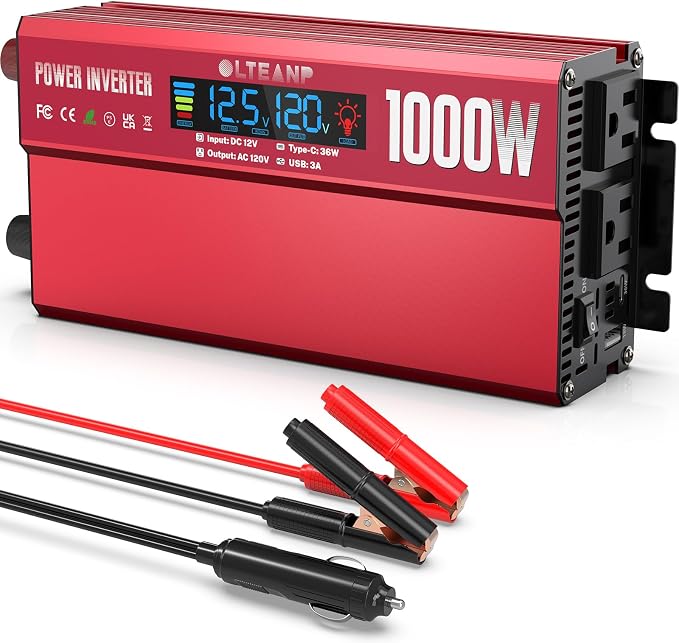 OLTEANP 1000W Power Inverter with LCD Screen Display, 2 AC Outlets, 36W Type-C Port, 5V/3A USB Port, 12V DC to 110V/120V AC Inverter for Truck, Home, Vehicles, Laptop, Trip