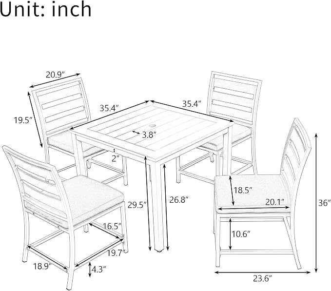 5-Piece Patio Dining Table Set, Steel and Acacia Wood Four-Person Dining Table and Chairs, Modern Conversation Furniture for Courtyards, Balconies, Lawns (Dark Brown/Outdoor, 5 Piece)