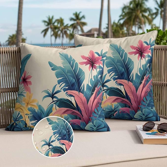 Summer Tropical Leaves Waterproof Outdoor Pillow Covers Set of 2 Home Decor, Farmhouse Botanical Plants Pillowcase Patio Pillow Covers for Couch Bench Furniture Garden 20x20in