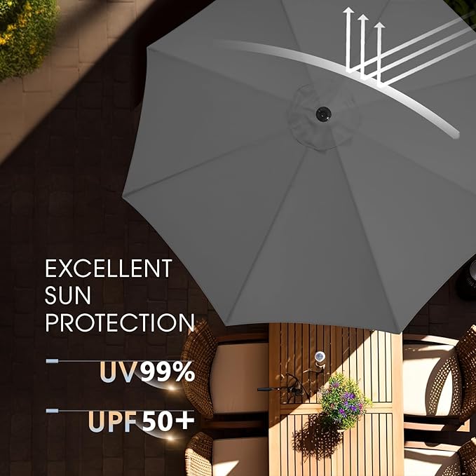 wikiwiki 9FT Patio Umbrella with Base, Outdoor Umbrellas with Base Included, 8 Sturdy Ribs, Waterproof Fade Resistant POLYESTER DTY Canopy for Deck, Lawn, Garden, Backyard & Pool, Dark Gray