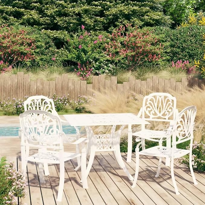 5 Piece Bistro Set Cast Aluminum White | Outdoor Dining Set, Patio Chairs and Table, Weather-Proof, Umbrella Hole
