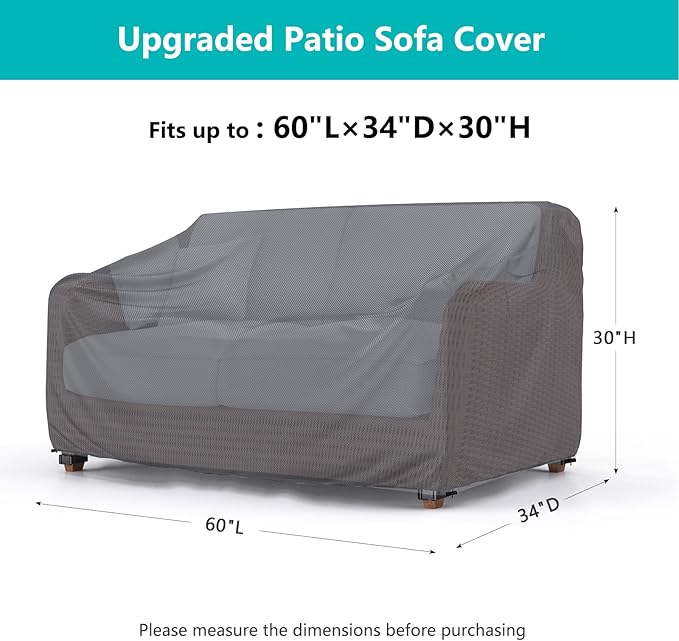 Patio Sofa Cover Waterproof - Heavy Duty 2-Seater Outdoor Couch Cover, Patio Furniture Covers with Air Vent and Handles, 60"L ×34" D×30" H, Gray