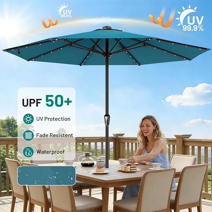 AreShark 12FT Large Patio Umbrella with Solar Lights, Solar Powered Outdoor Umbrella with Crank, Patio Table Market Umbrellas for Garden, Deck, Backyard, Pool and Beach, Lake Blue