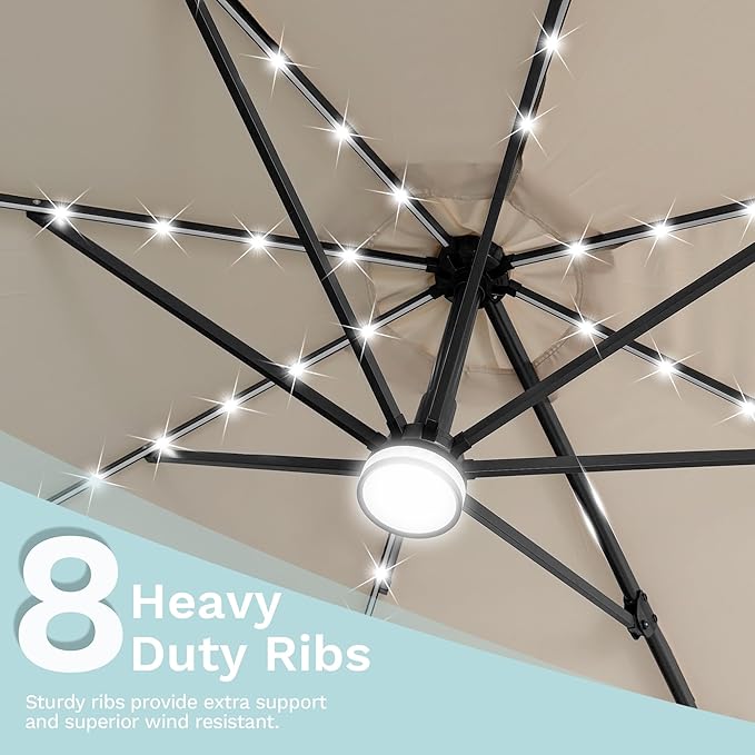 Devoko 10ft Solar LED Patio Umbrella, Round Cantilever Outdoor Umbrella with Solar Lights and 360-Degree Rotation, Large Hanging Offset Market Umbrella with Easy Tilt for Patio Deck Garden,Beige