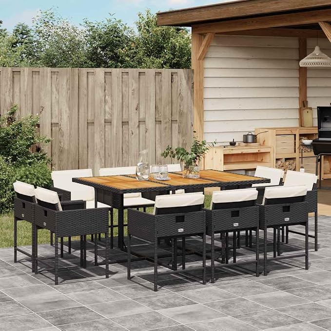 11 Piece Patio Dining Set with Cushions Black Poly Rattan Outdoor Table and 10 Foldable Chairs for Garden Backyard BBQ, Acacia Wood Top, Cream White Seat Pads, UV Proof, 242.5 lb Capacity