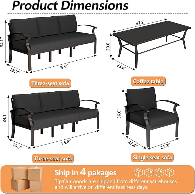 Aluminum Patio Furniture Set with Coffee Table,8 Seats Metal Modern Outdoor Furniture w/5.1" Thick Cushions,Patio Sectional for Patio,Backyard,Black