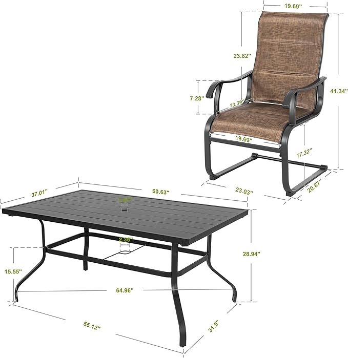 NUU GARDEN 7 Piece Outdoor Dining Set, 6 All Weather Padded Textilene Patio Chairs and 61" Rectangular Dining Table with 1.57" Umbrella Hole, for Patio, Garden, Brown and Black