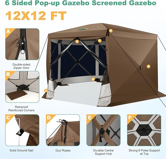 COBIZI 12x12 FT Pop Up Canopy Stargazing Tent, Gazebos On Clearance with Removable Roof, Screened in Gazebo, Screen Tents Portable carpas para Patio for Outdoor Camping,Backyard,Garden,Brown(Pro)