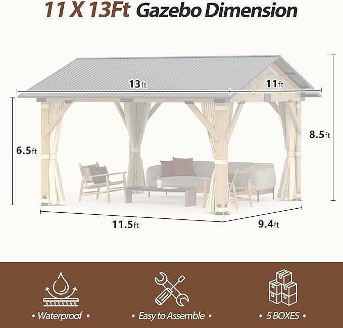 11' x 13' Wood Gazebo, Outdoor Hardtop Gazebo with Netting and Curtains, Cedar Wooden Frame Gazebos with Galvanized Steel Roof for Garden, Patio