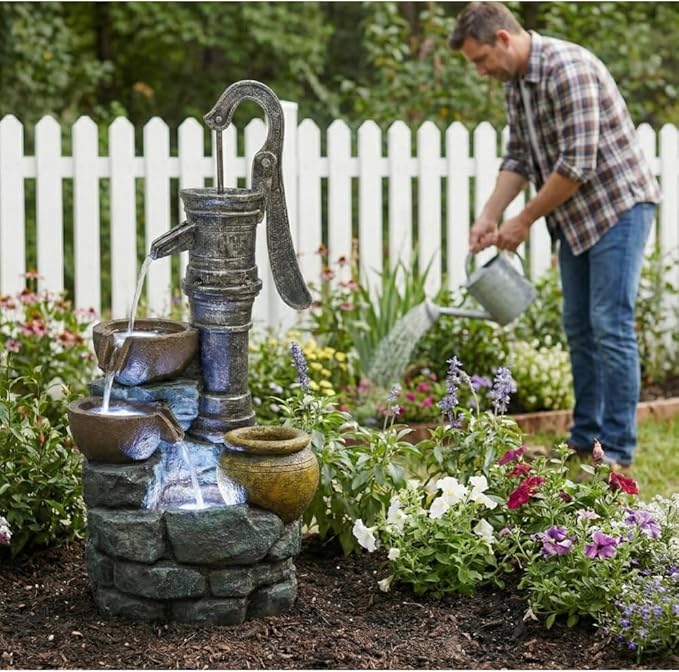 32.3'' Large Outdoor Water Fountain with Vintage Pump, Weather-Resistant Patio Yard or Garden Decor, Serene Waterfall Sound for Home