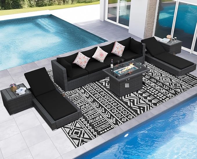 NICESOUL 9 Piece Outdoor Patio Furniture Set with Fire Pit, Modern Backyard Sectional with Loungers, Cozy 29.3'' High-Back Outside Seating Sofa, All-Weather Wicker Couch for Garden, Grey & Black